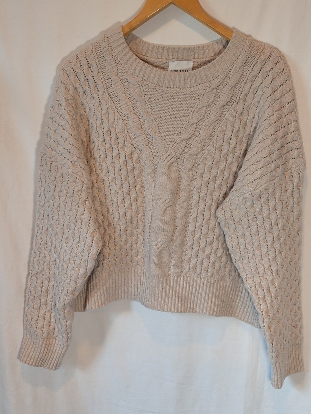 Pink Rose Beige Cable-Textured Cropped Crewneck Sweater